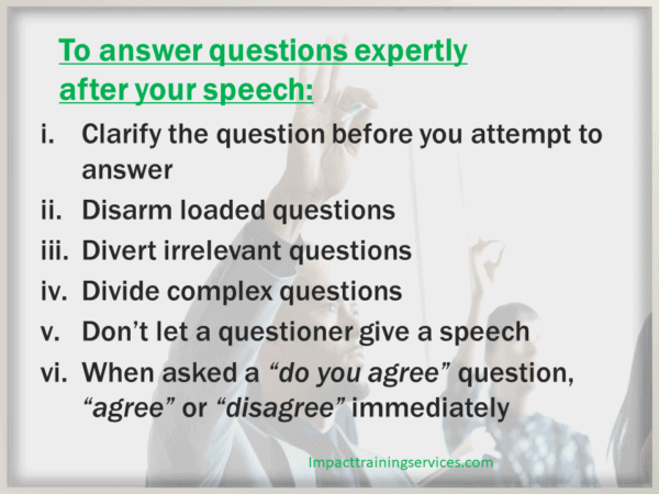 image showing 6 steps to answer questions effectively after speech